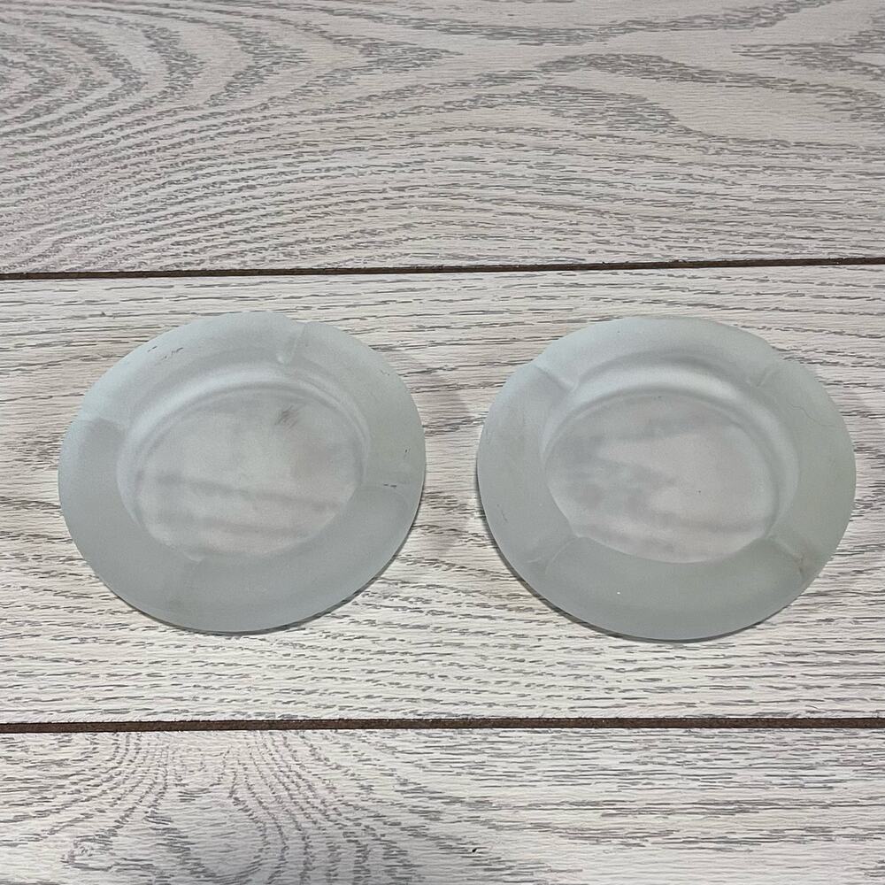 TWO Indiana Tiara Satin Frosted Glass Ashtray Vintage 1950s USA 4.5" Diameter